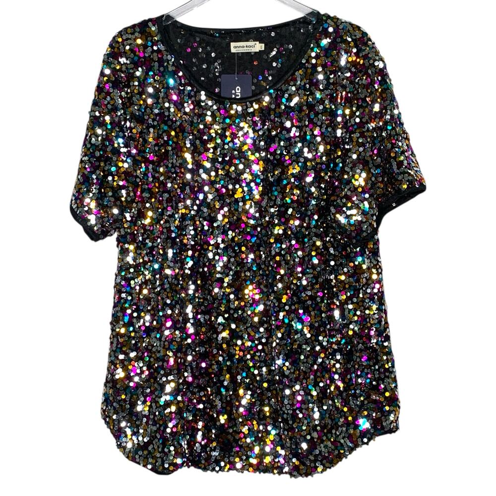 Anna-Kaci 4XL NEW Sequin Short Sleeve Sparkly Shirt Round Neck Blouse Party